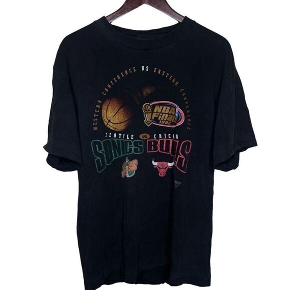 Vintage 90s Sonics Vs Bulls Finals Black T Shirt Large - Picture 1 of 3